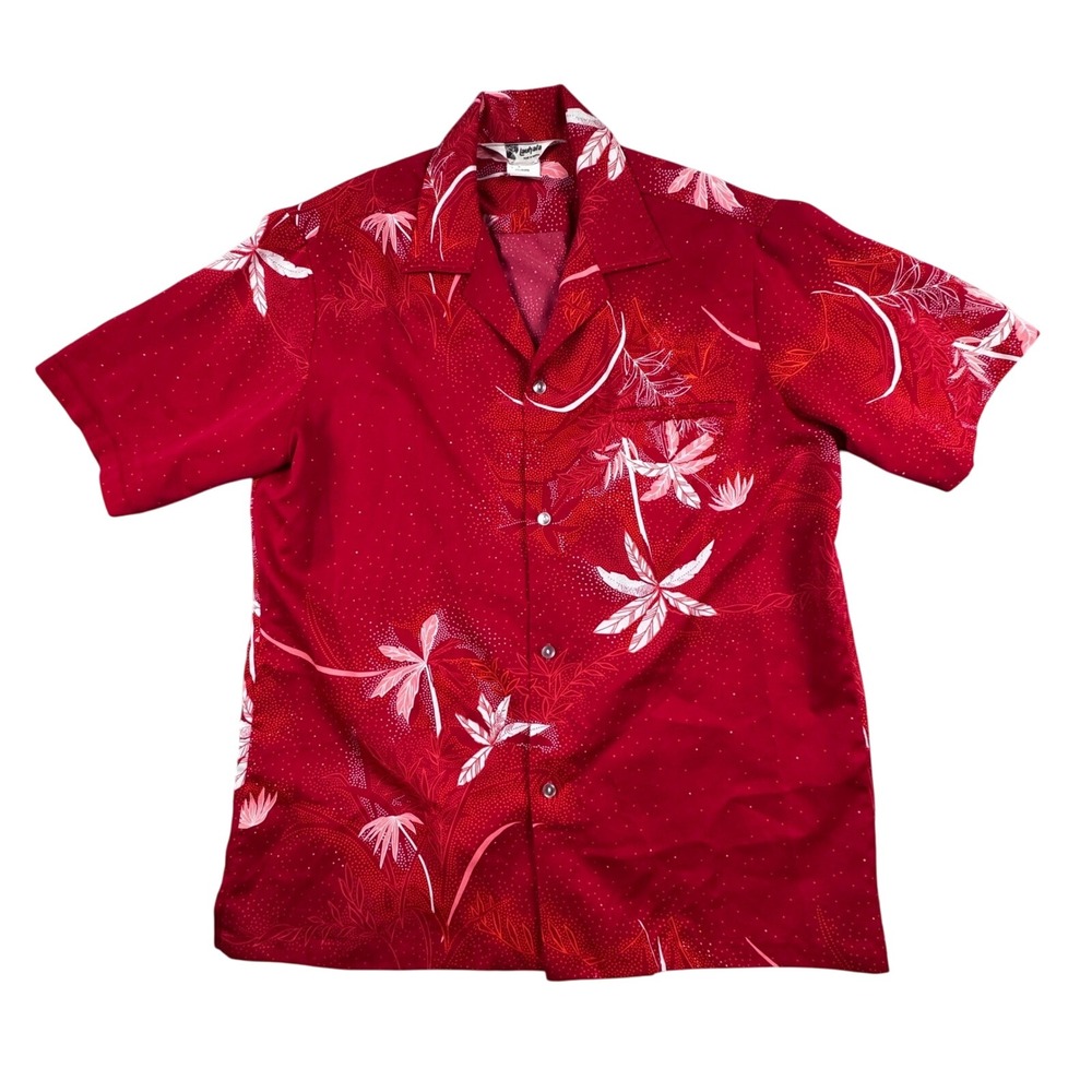 Vintage Lauhala Hawaiian Shirt 70's Mens LG Red Tropical Palm Tree Aloha 1970's‎